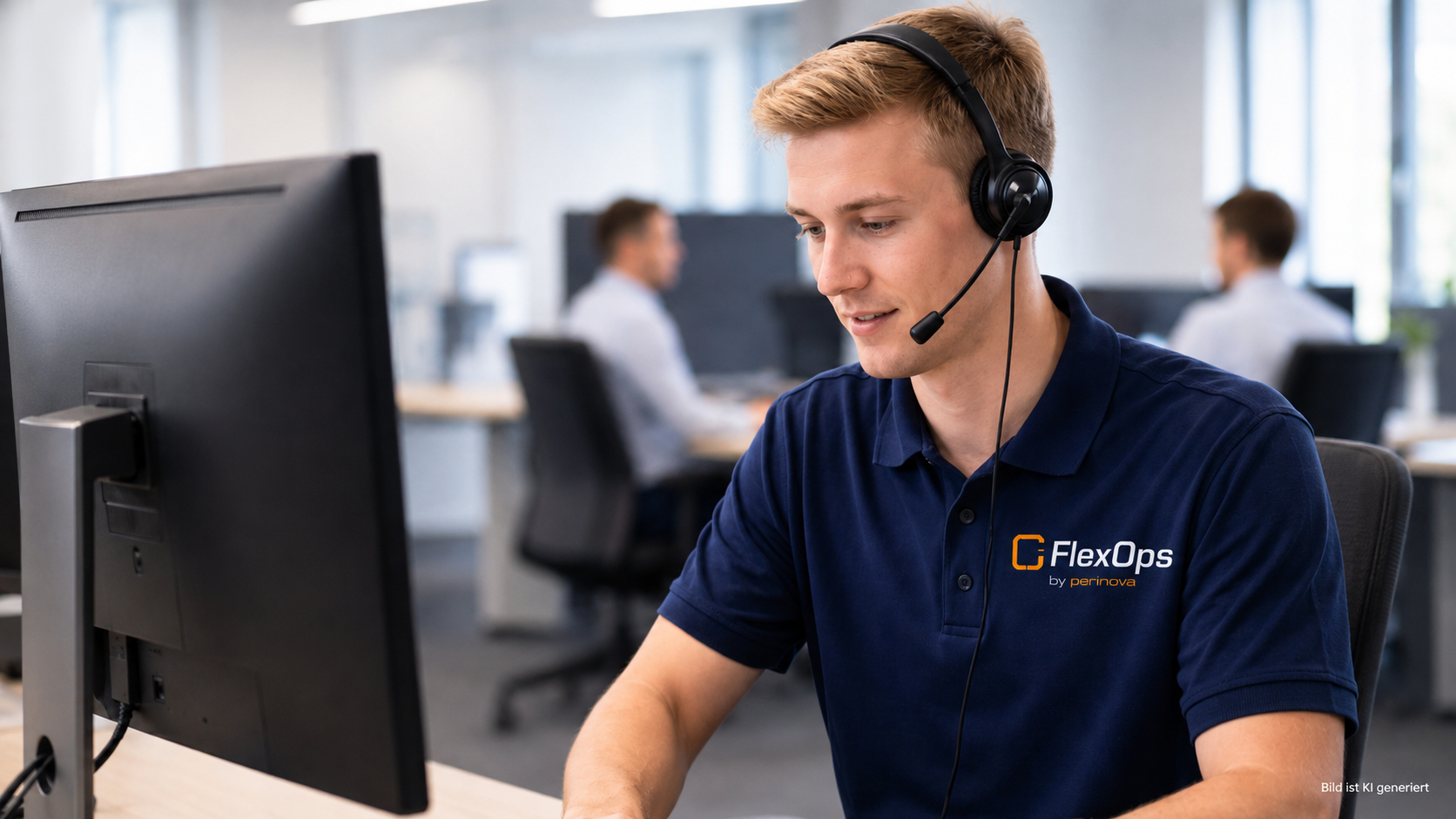 FlexOps IT-Support und Managed Services FlexOps-Mitarbeiter im IT-Support bei der Bearbeitung einer Anwenderanfrage